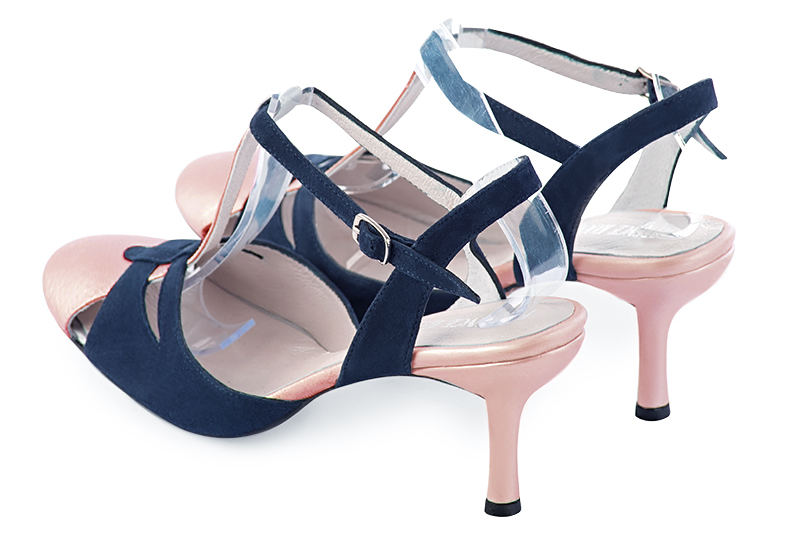 Powder pink and navy blue women's open back T-strap shoes. Round toe. High slim heel. Rear view - Florence KOOIJMAN